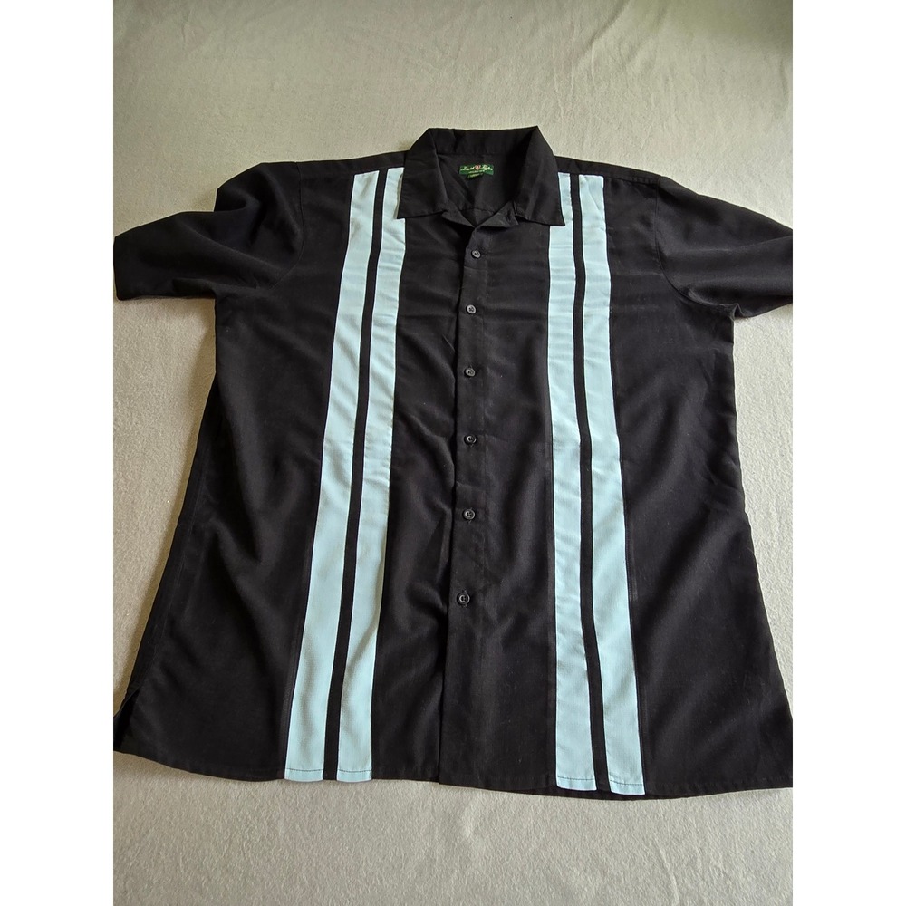 David Taylor Bowling Shirt Mens XLT Black Blue Striped Retro Button Front 3912